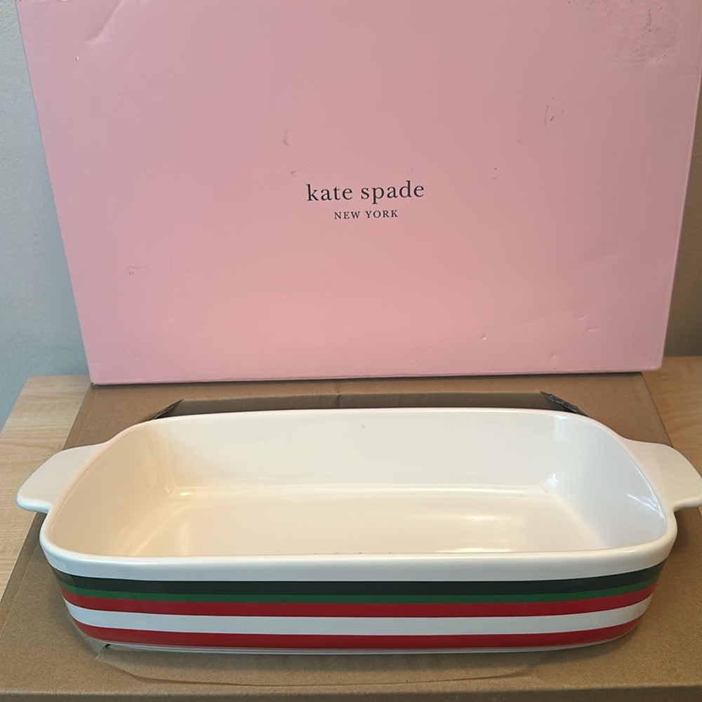Kate Spade Lenox Merry & Bright Rectangular Ivory w/Red/Green Stripes Baker